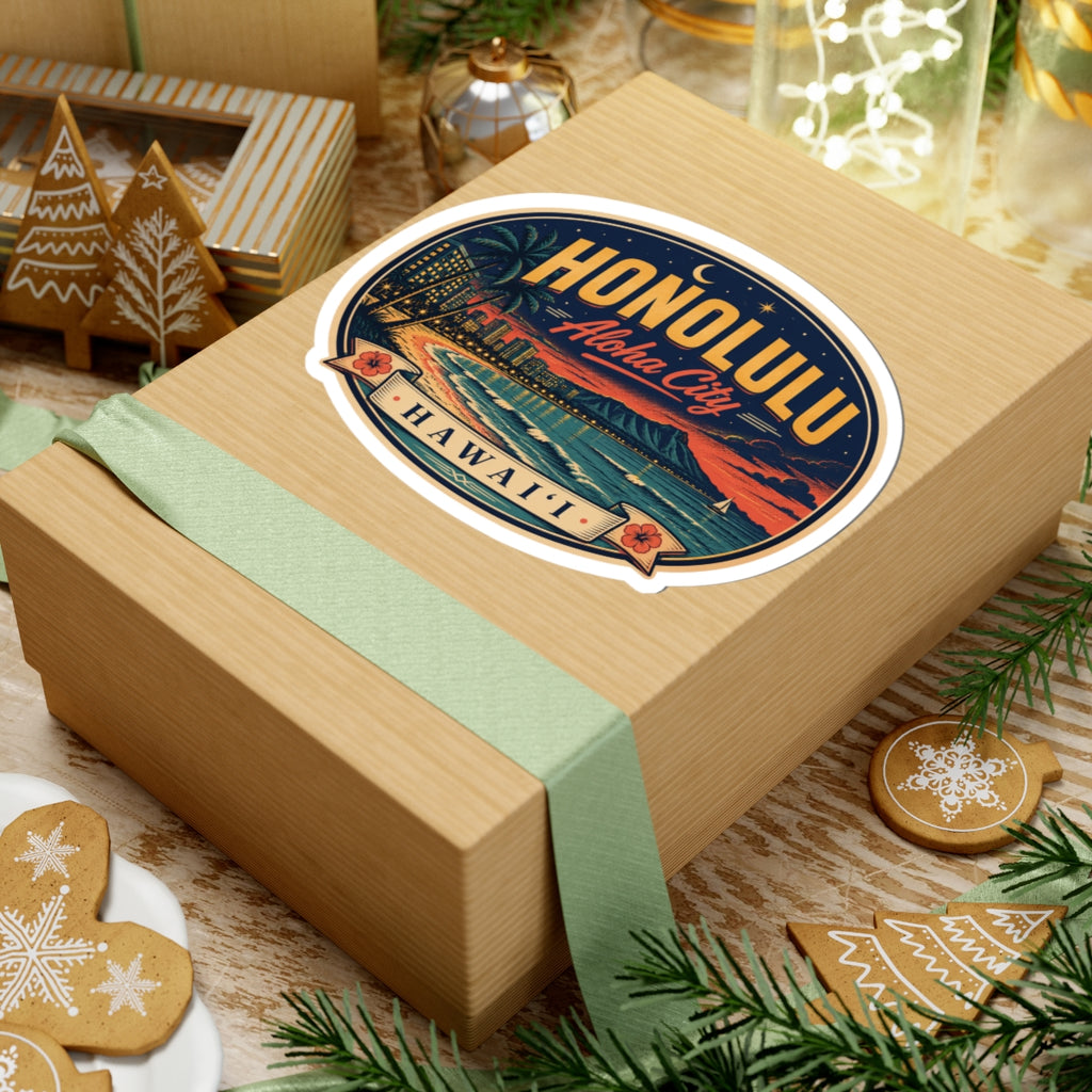Honolulu luggage tag sticker on gift box, oval 'Honolulu' ocean scene with palm trees