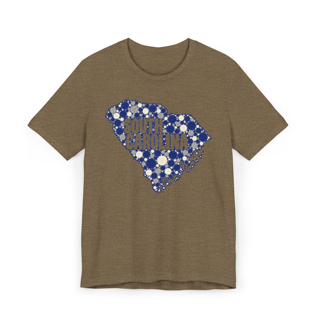 Brown South Carolina floral map graphic T-shirt with blue dotted outline and text