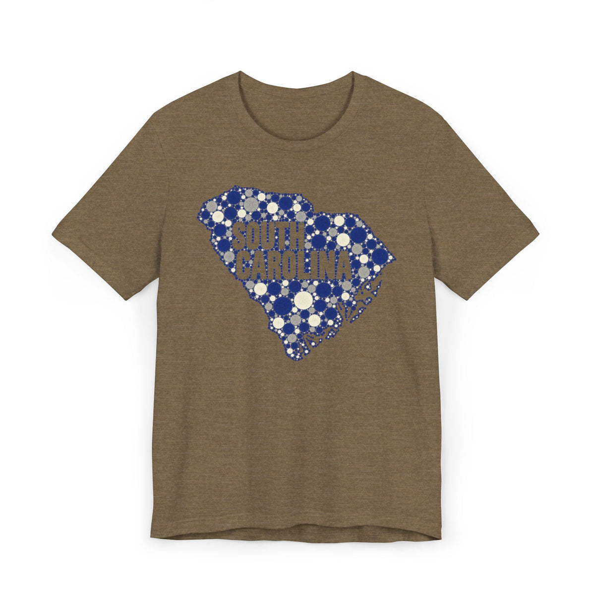 Brown South Carolina floral map graphic T-shirt with blue dotted outline and text