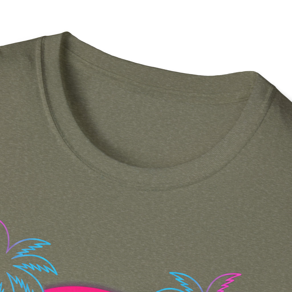 Vaporwave Skull Sunset T-shirt, Heather Military Green—crew neck with partial palm graphic