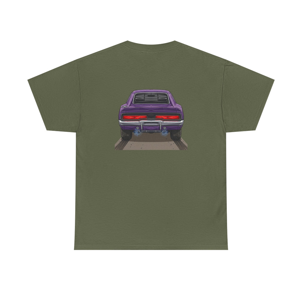 Military green T-shirt with purple retro muscle car chest graphic, rear view