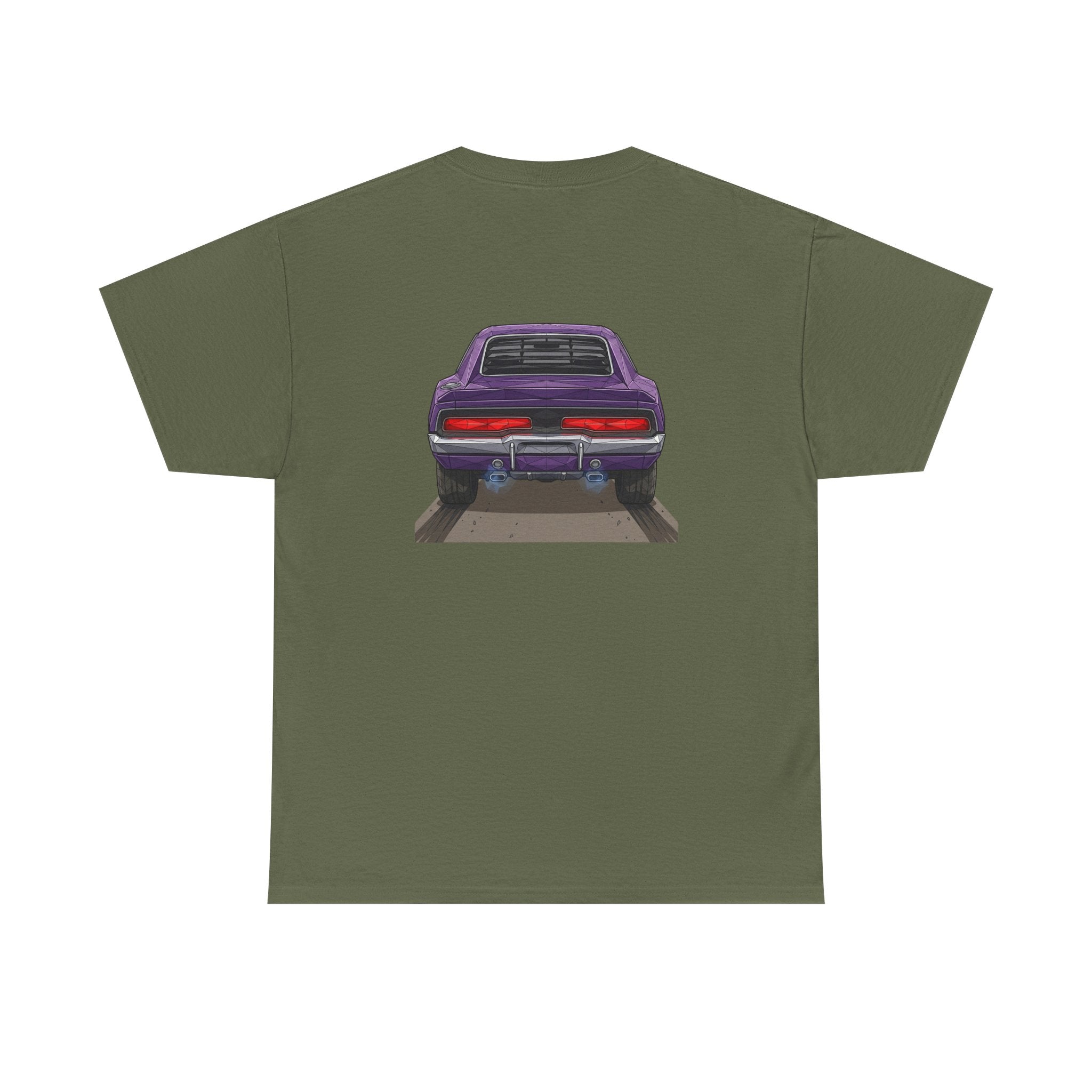 Military green T-shirt with purple retro muscle car chest graphic, rear view
