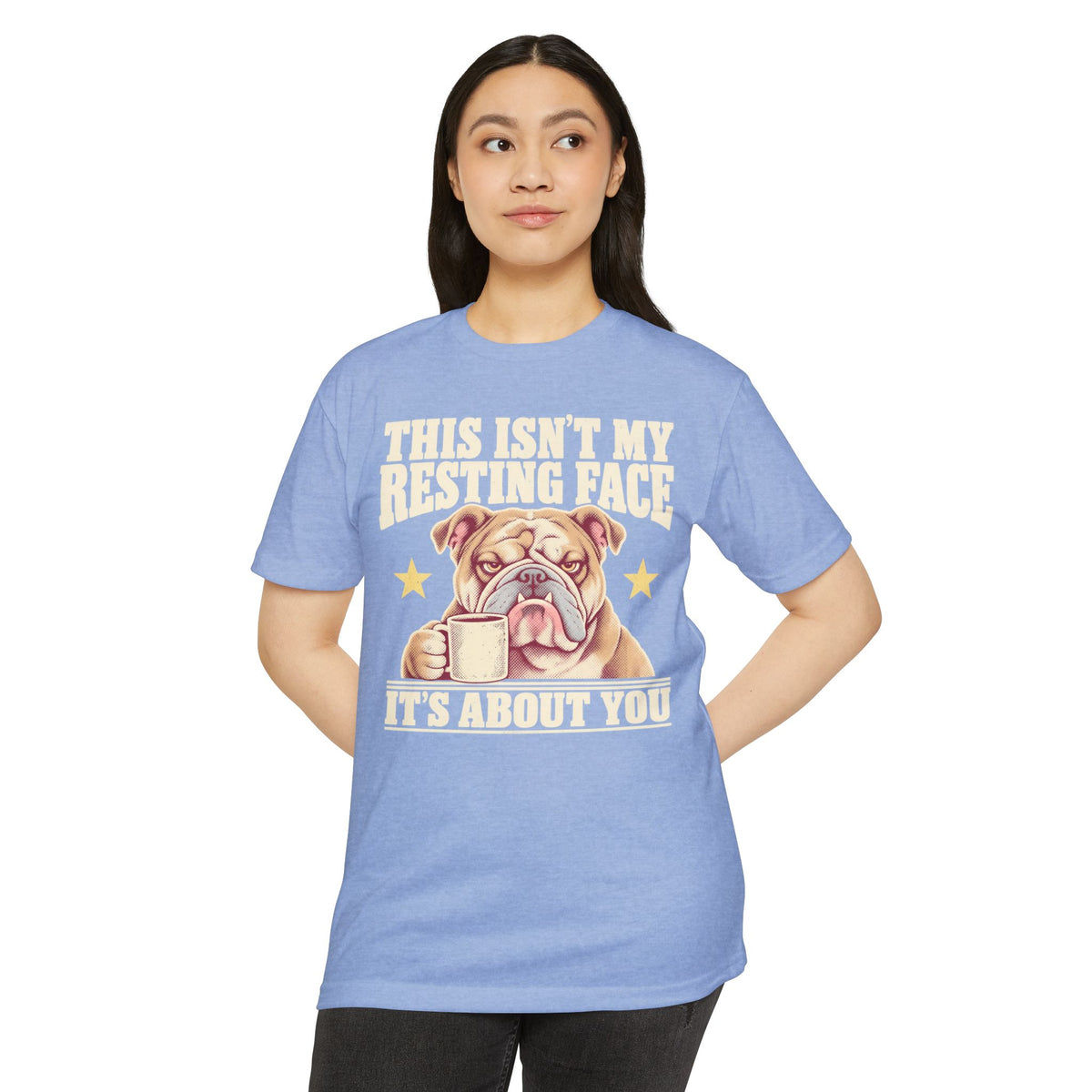 Unisex light blue T-shirt with grumpy bulldog coffee mug graphic and text, front view