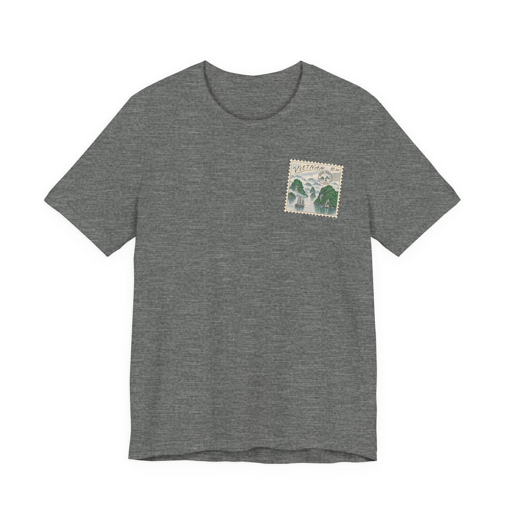 Dark gray travel t-shirt with small vintage postage stamp-style Ha Long Bay graphic on chest.