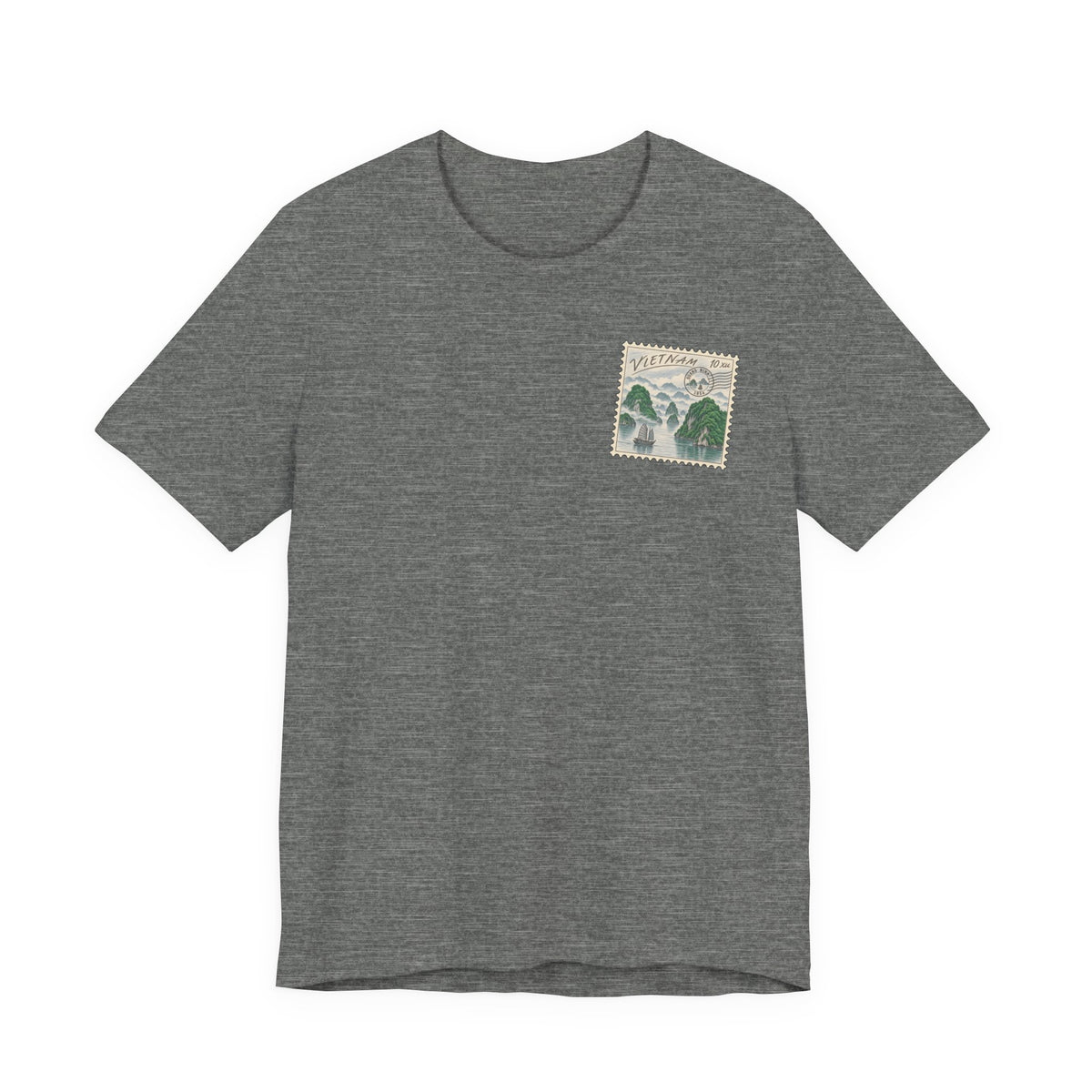 Dark gray travel t-shirt with small vintage postage stamp-style Ha Long Bay graphic on chest.