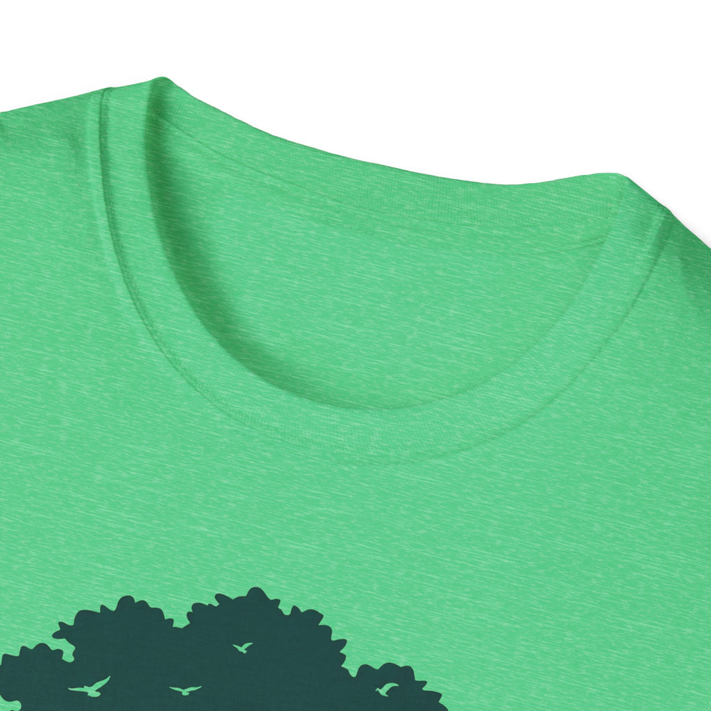 Bright green T-shirt close-up of crew neck and smooth fabric