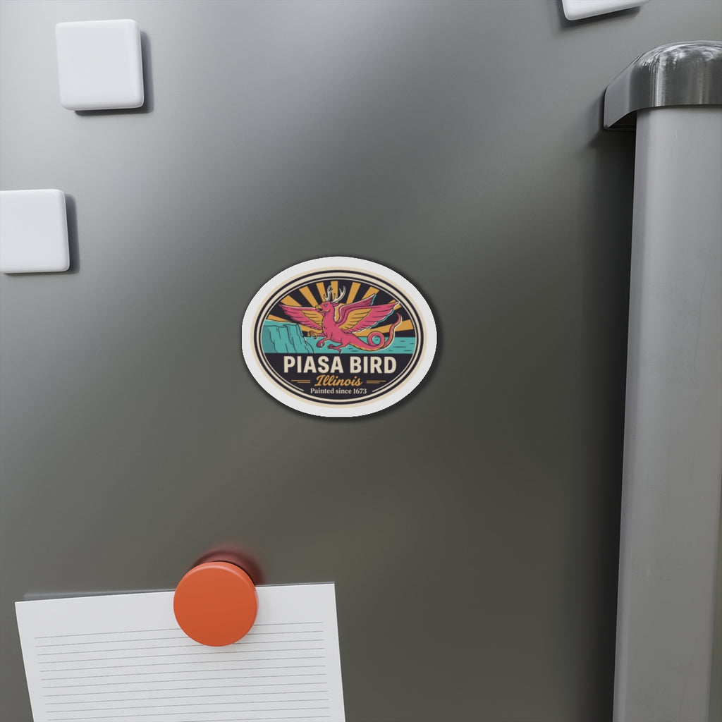 Small round die-cut magnet with colorful Piasa Bird graphic and Illinois inscription