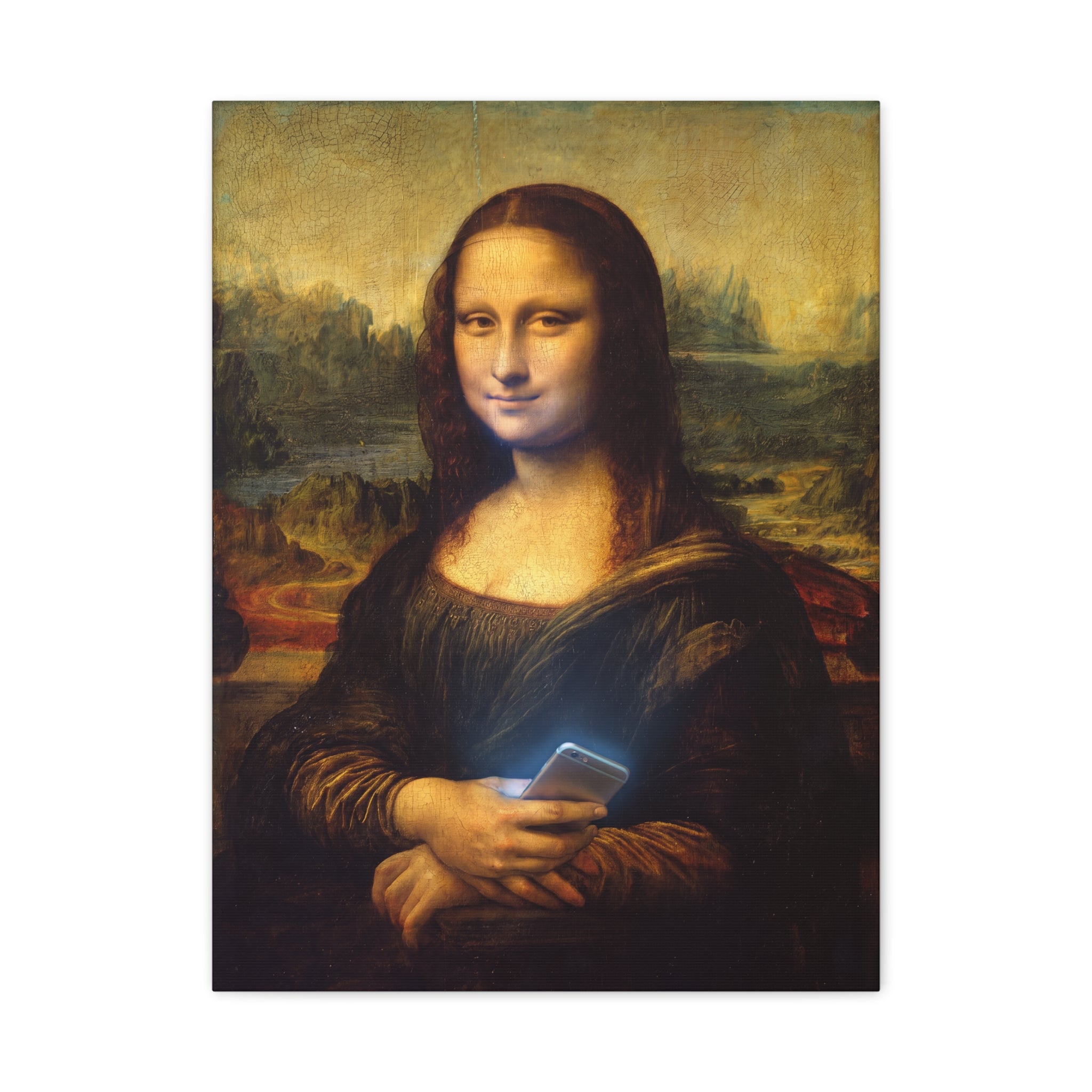 Matte canvas wall art close-up of Mona Lisa holding a glowing smartphone