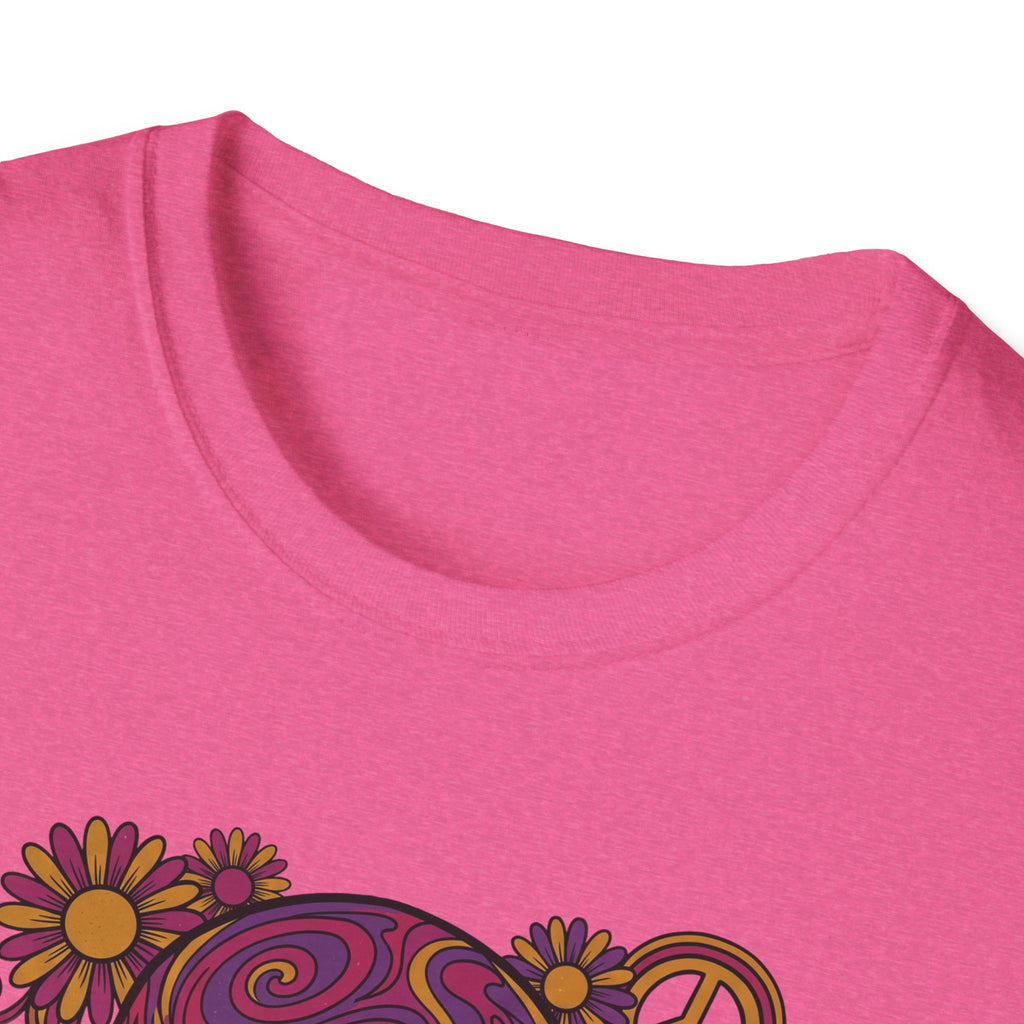 Pink T-shirt neckline close-up with top of psychedelic floral skull print