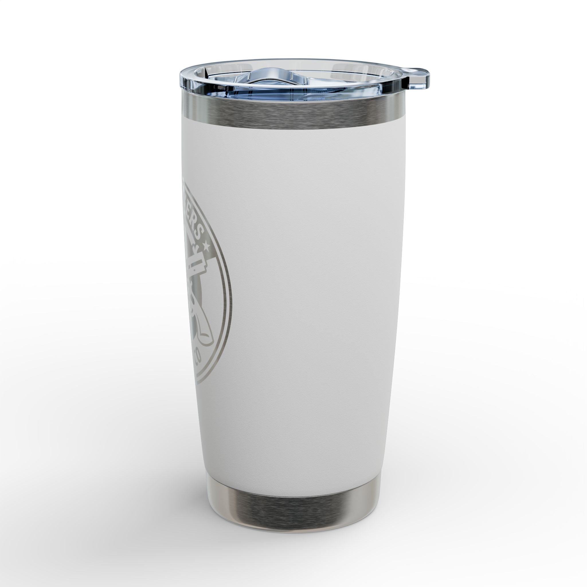 White 20oz insulated travel tumbler with engraved side logo near rim