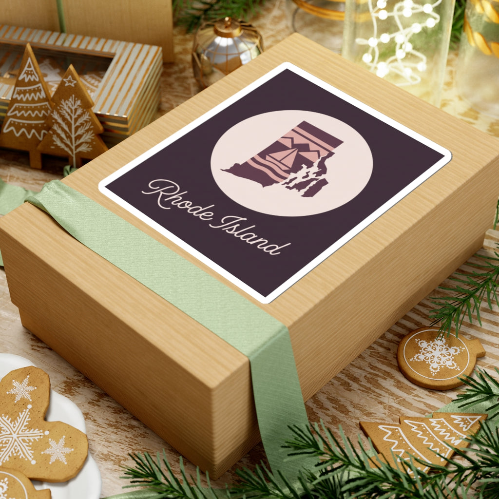Rhode Island state silhouette decal on gift box top, circular emblem with lighthouse and 'Rhode Island' text