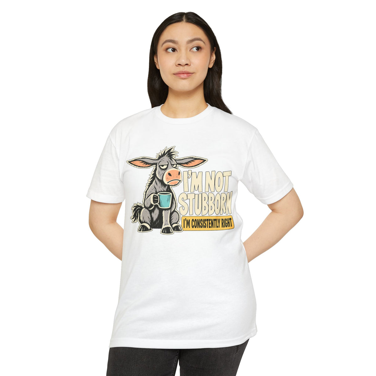 White crewneck T-shirt with colorful stubborn donkey graphic on the front