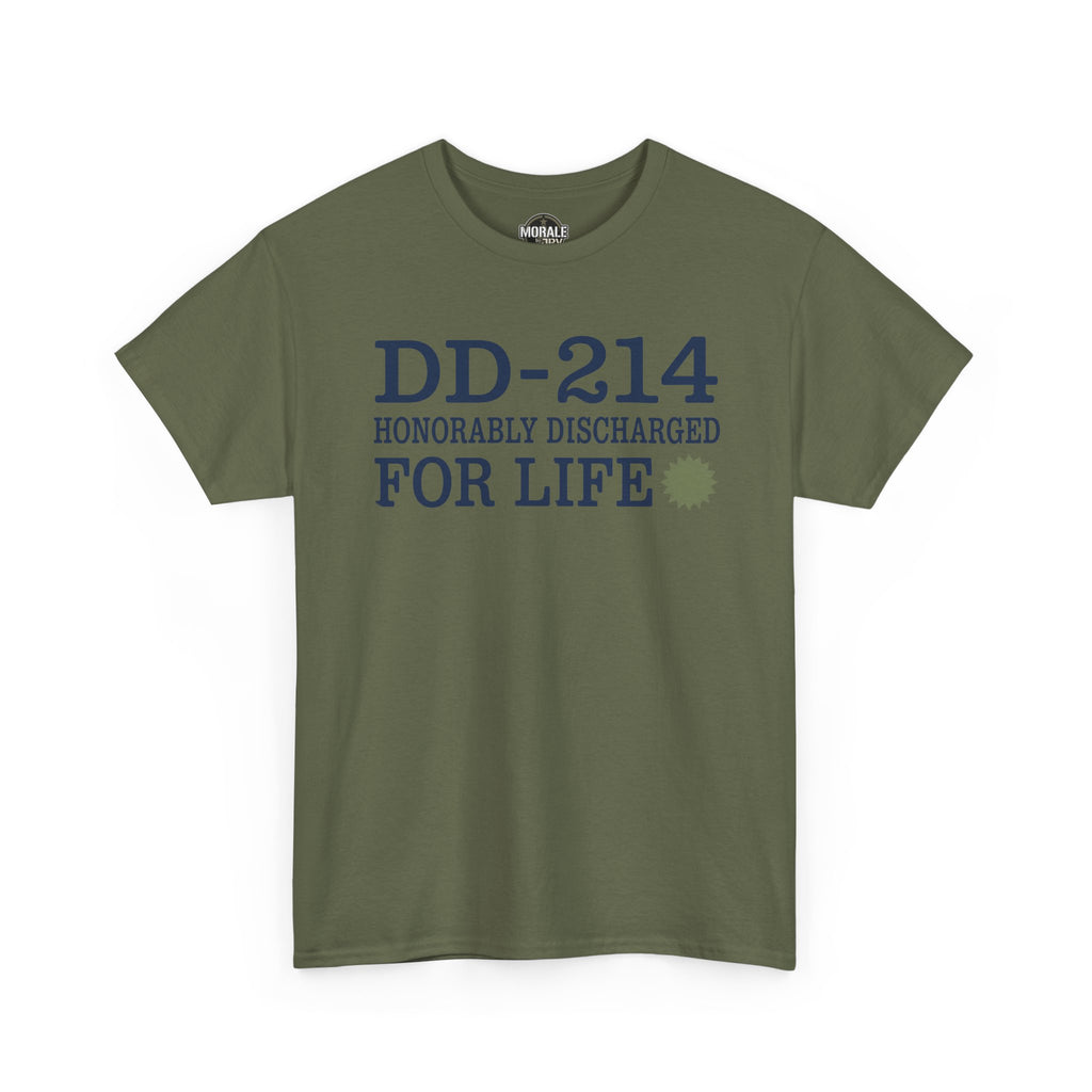 Military green T-shirt front with 'DD-214 Honorably Discharged For Life' print.