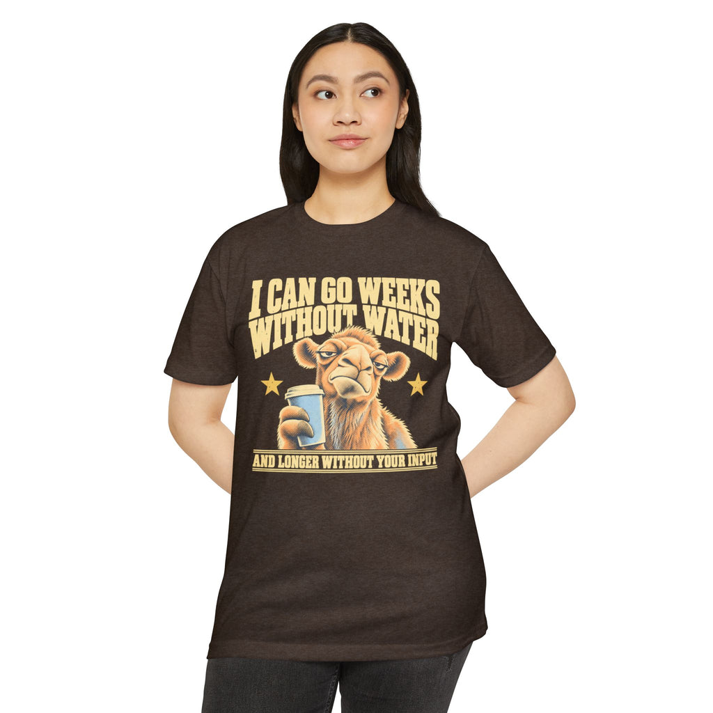Dark brown unisex T-shirt on model with front camel coffee graphic and text print