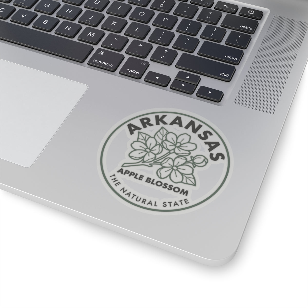 Round Arkansas apple blossom decal on laptop surface with floral artwork and “ARKANSAS” text.