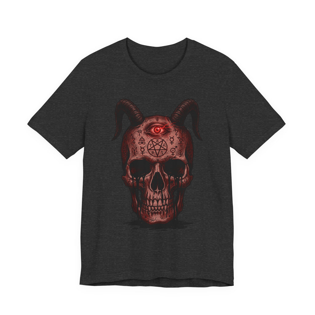 Dark grey heather unisex T-shirt with horned skull demon artwork