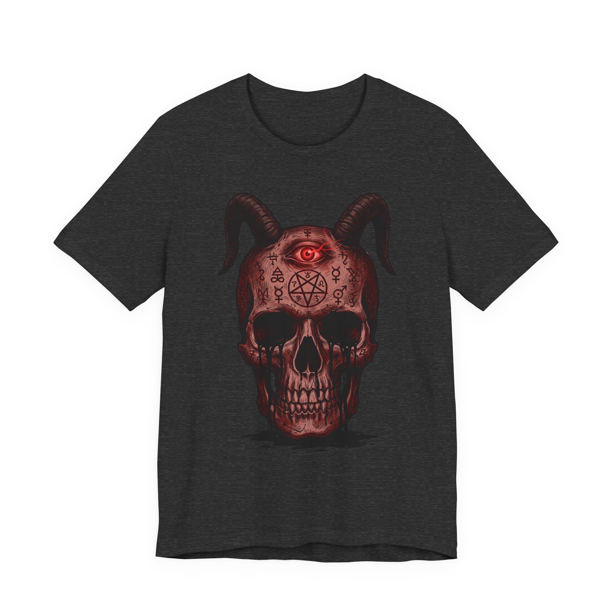 Dark grey heather unisex T-shirt with horned skull demon artwork