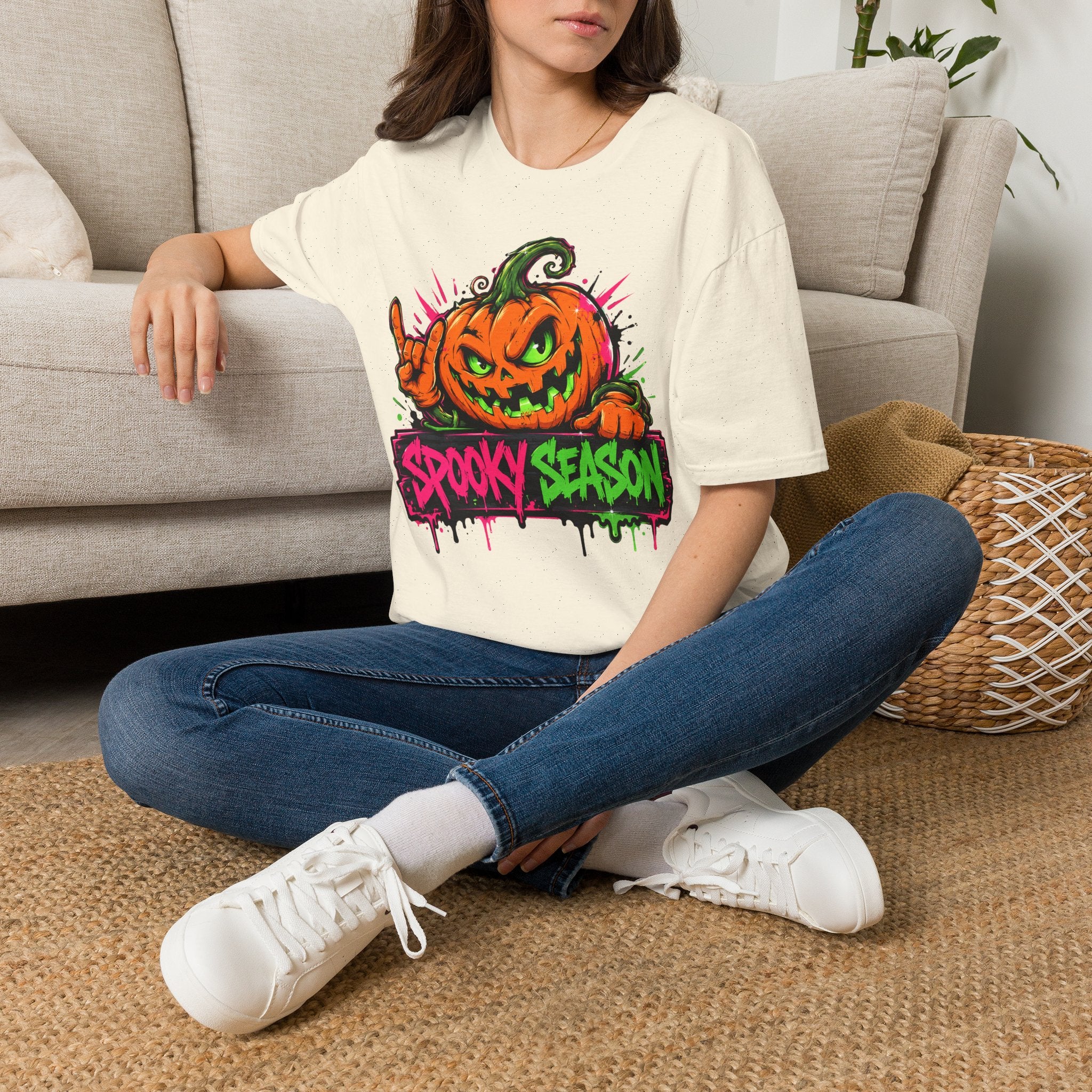 Cream T-shirt with colorful jack-o-lantern "Spooky Season" graphic on front