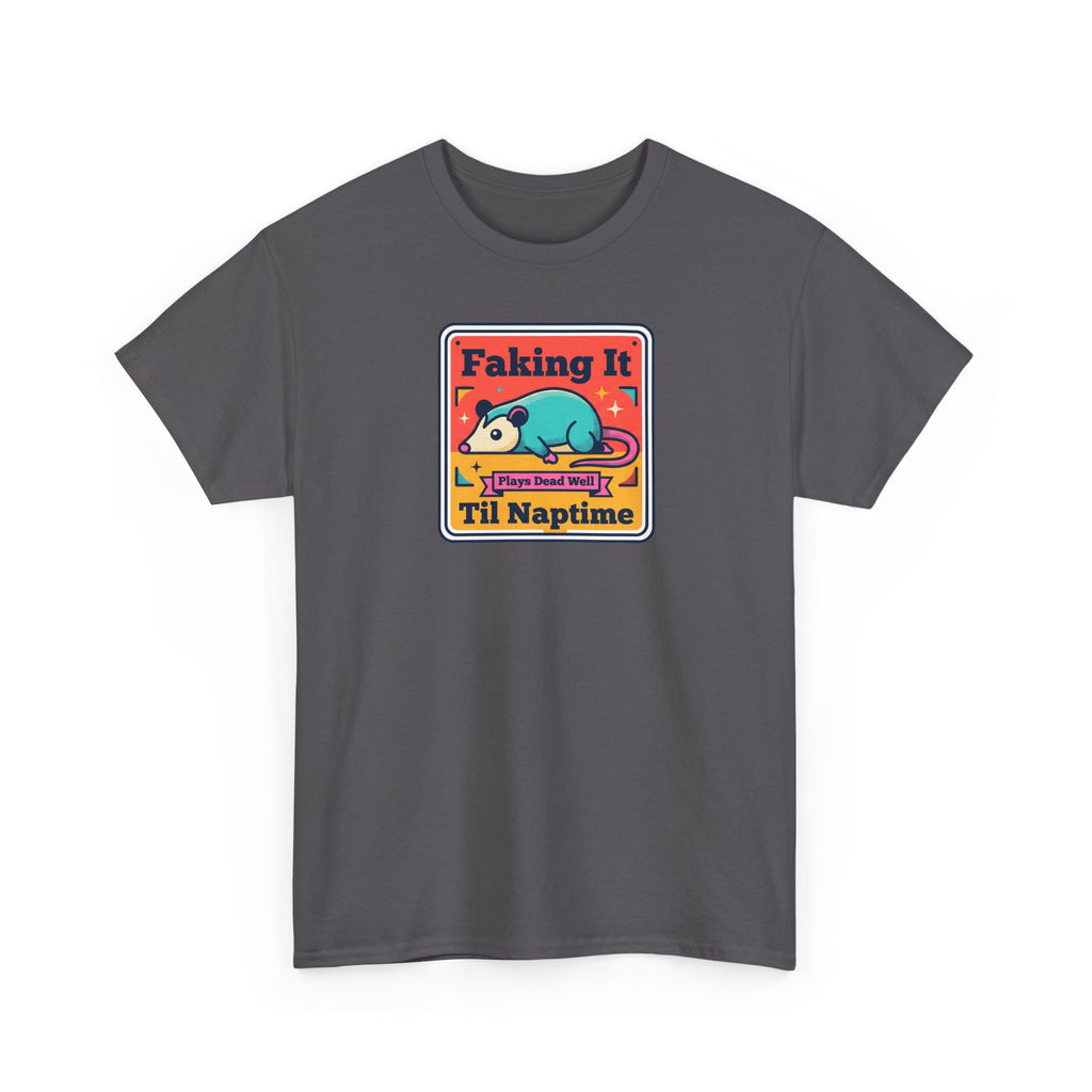 Charcoal gray T-shirt with crew neck and sleeping panda graphic on chest