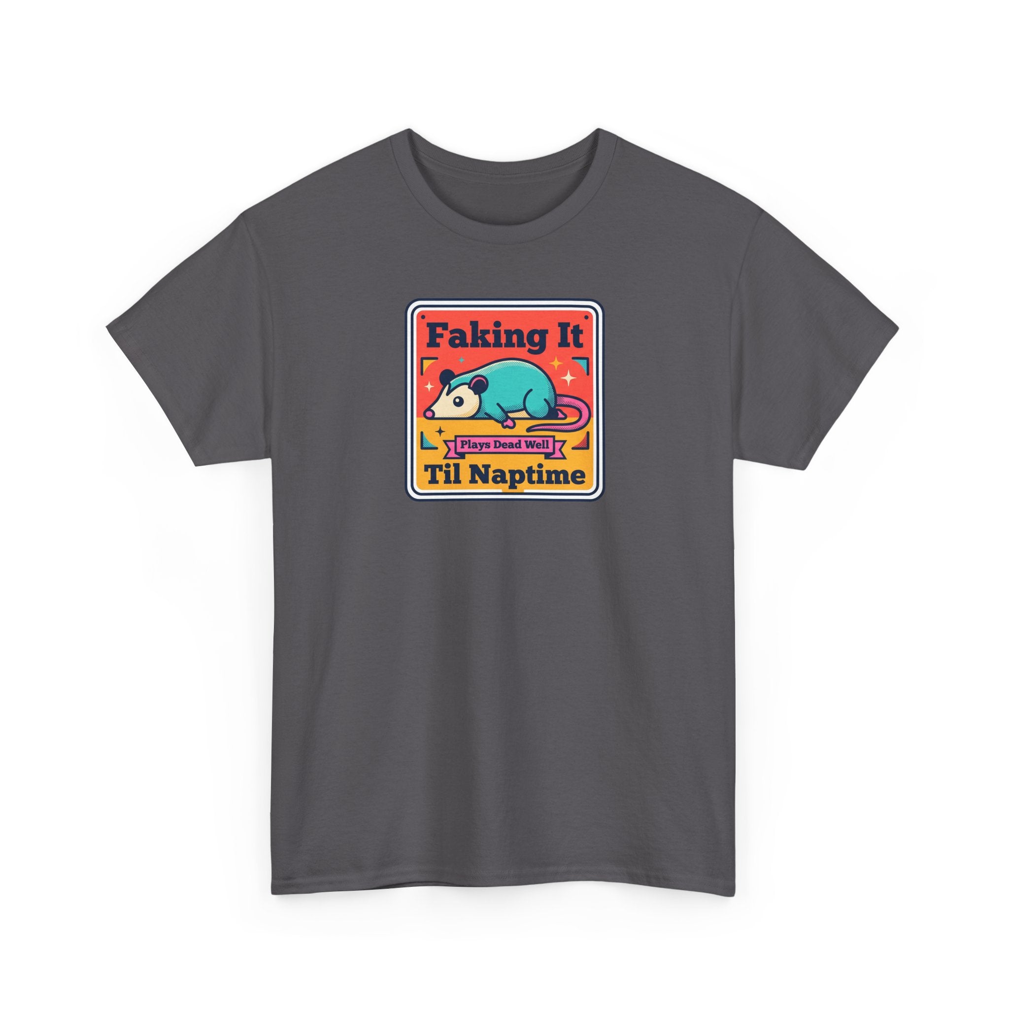 Charcoal gray T-shirt with crew neck and sleeping panda graphic on chest