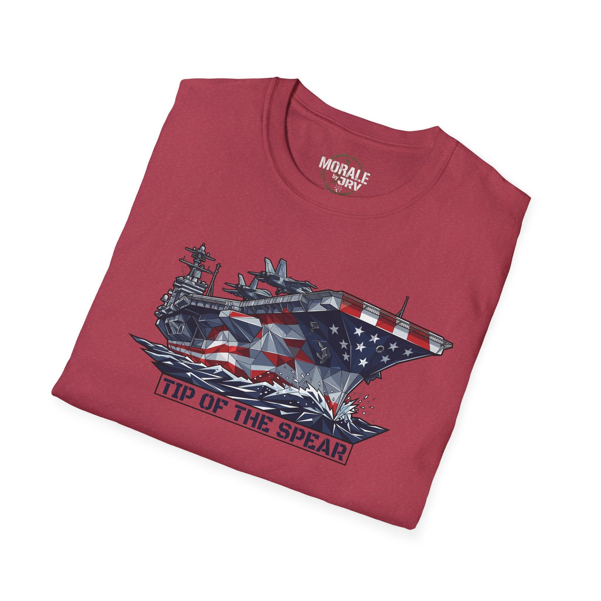 Maroon T-shirt with aircraft carrier graphic, American flag, and 'TIP OF THE SPEAR' text