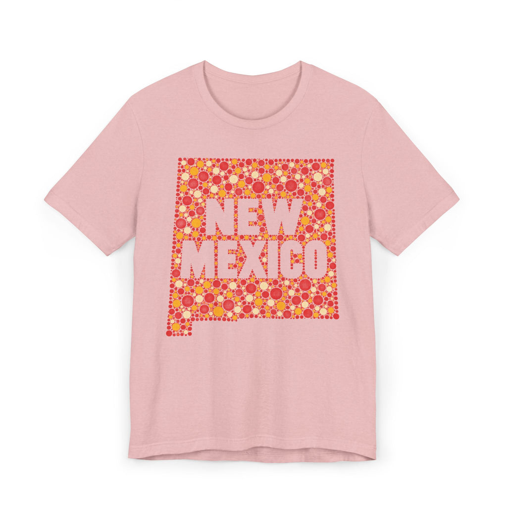 Dusty pink short-sleeve T-shirt with colorful “New Mexico” patterned graphic front.