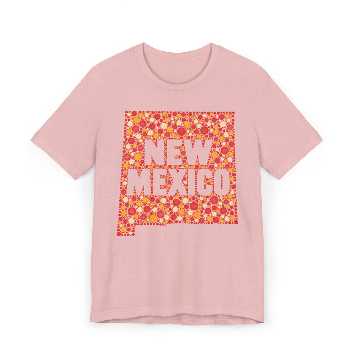 Dusty pink short-sleeve T-shirt with colorful “New Mexico” patterned graphic front.