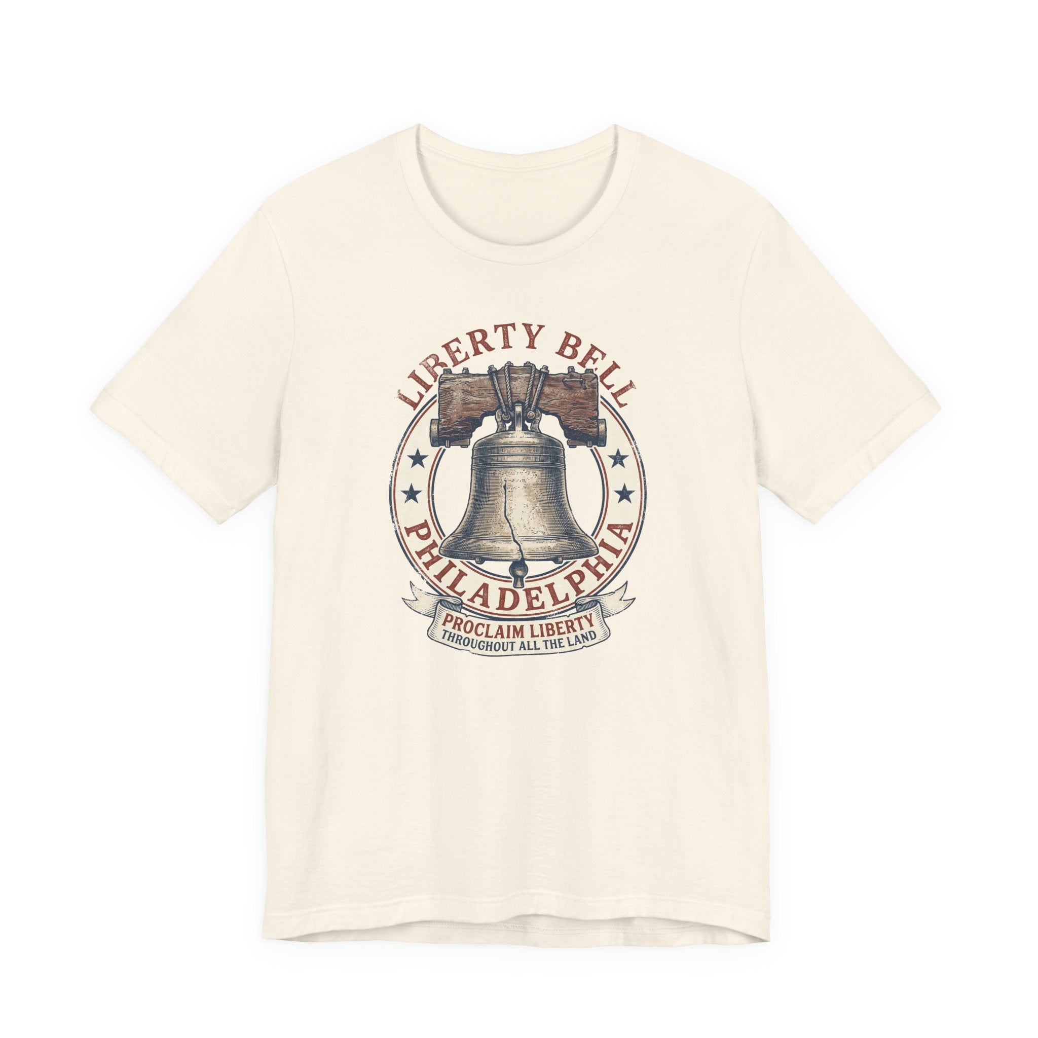 Light cream T-shirt with Liberty Bell graphic emblem at center chest
