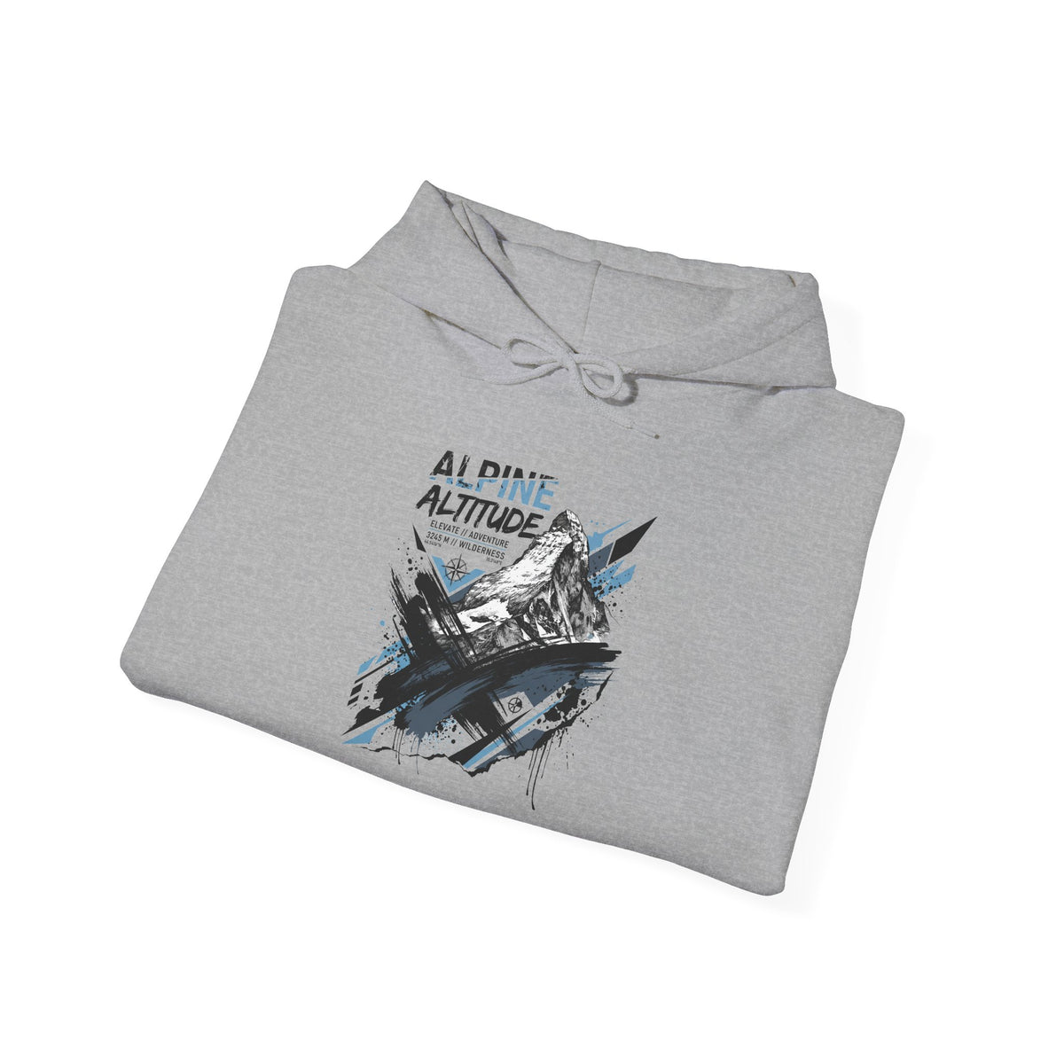 Dark heather gray hoodie with mountain graphic print and drawstring hood