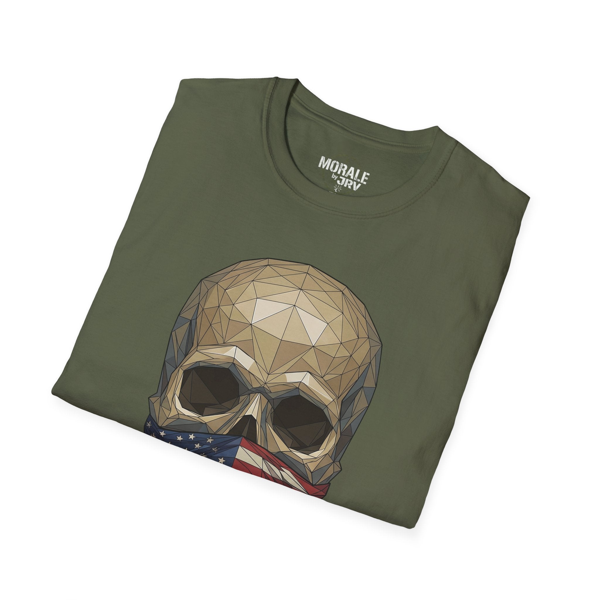 Geometric skull with American flag bandana graphic on military green T-shirt