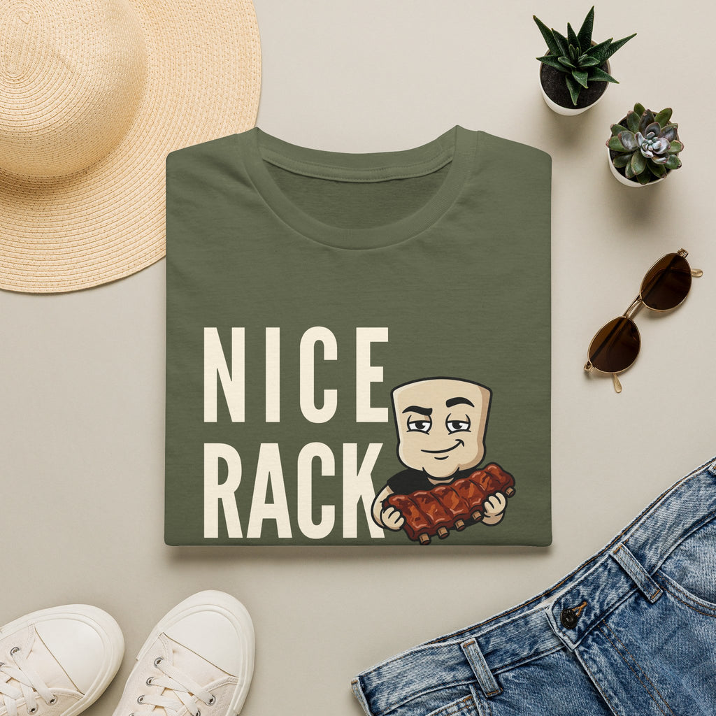 Olive green T-shirt with 'NICE RACK' graphic and cartoon holding ribs