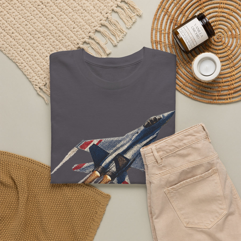 Charcoal crewneck T-shirt with fighter jet graphic on the chest