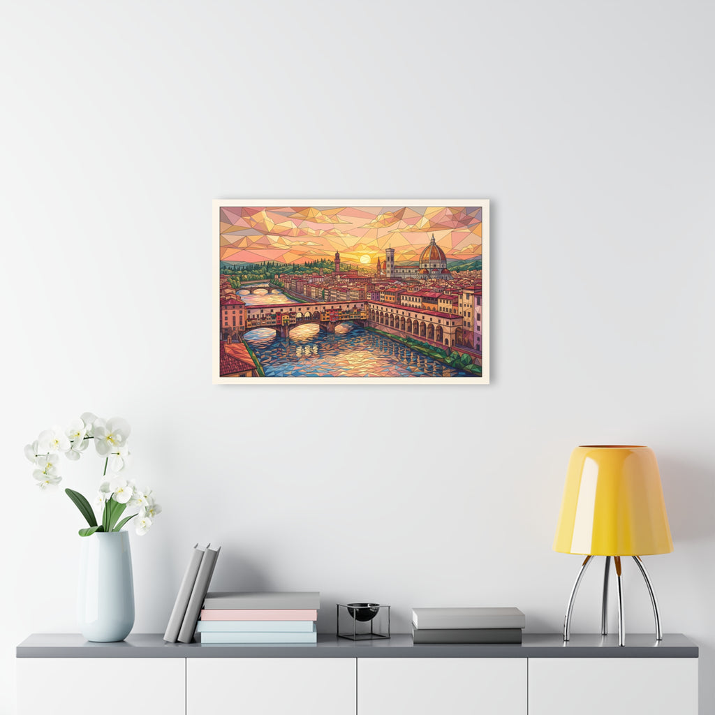 Framed acrylic cityscape wall art above console with books, vase, and yellow lamp