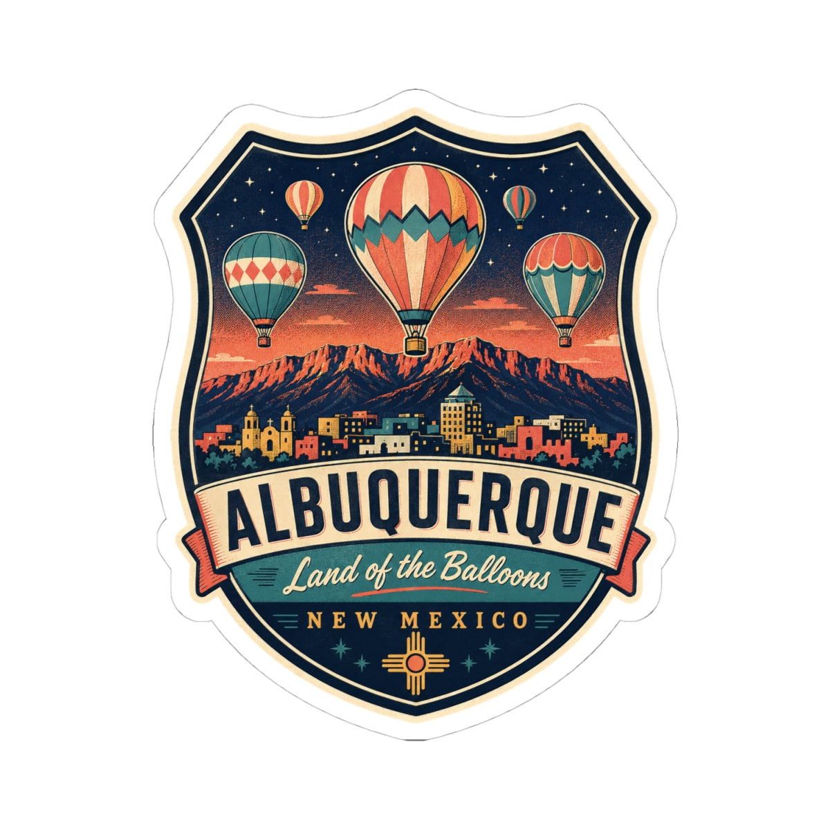 Luggage tag sticker with Albuquerque badge, hot air balloons, and “Land of the Balloons”