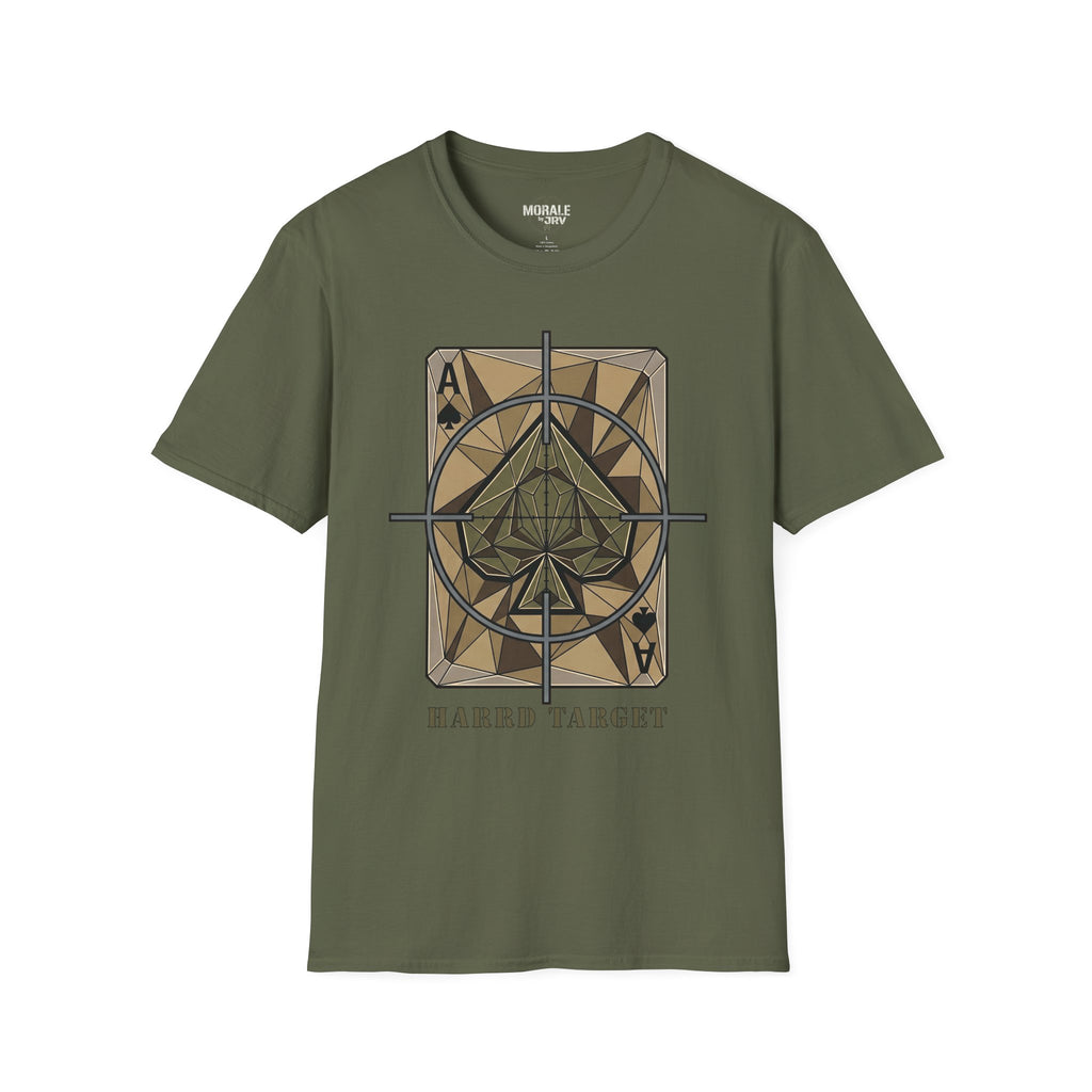 Ace Target T-shirt, Heather Military Green with crosshair spade graphic front