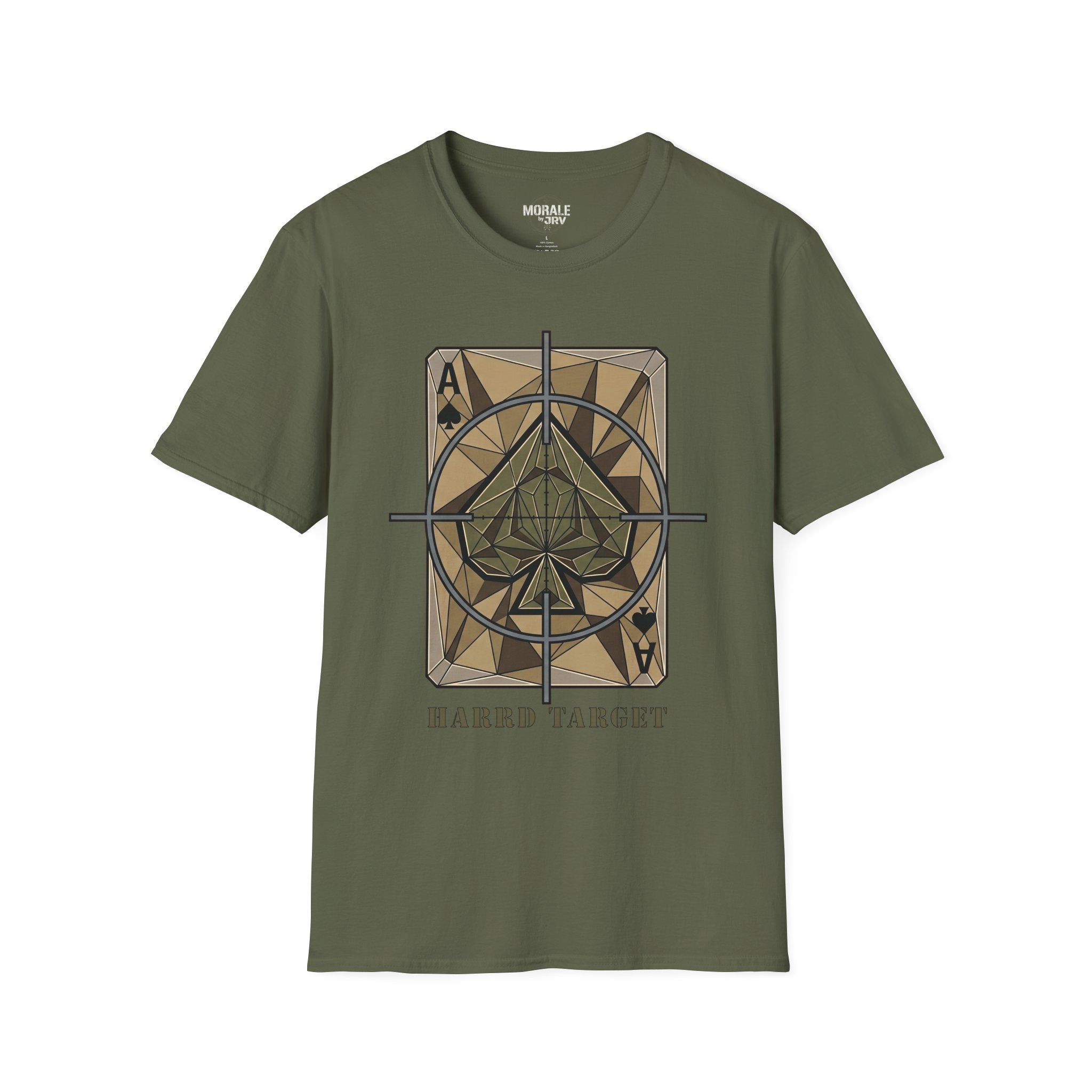 Ace Target T-shirt, Heather Military Green with crosshair spade graphic front