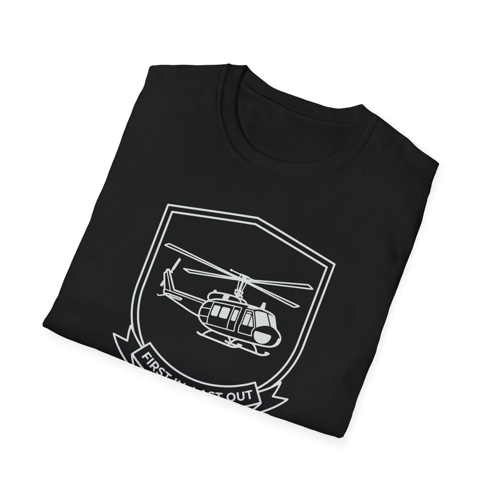 Black T-shirt with white rescue helicopter outline graphic on front