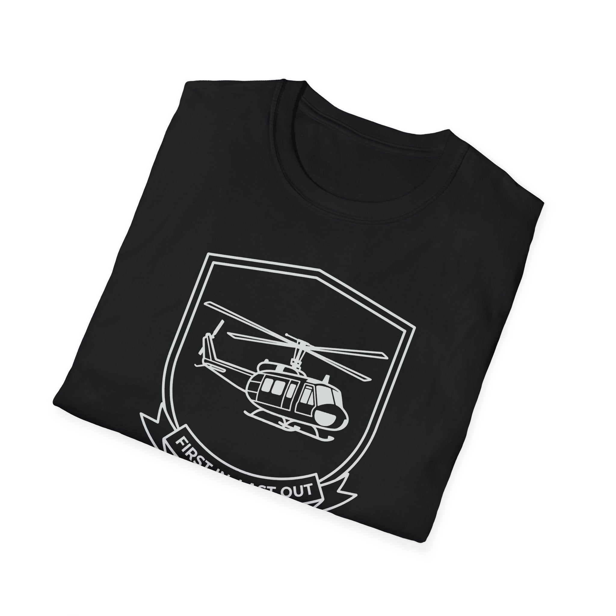Black T-shirt with white rescue helicopter outline graphic on front