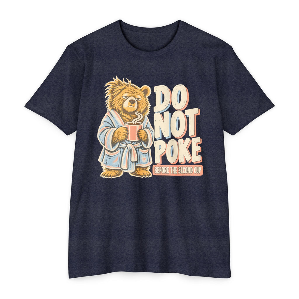 Navy T-shirt with grumpy bear holding a coffee cup and “DO NOT POKE” print