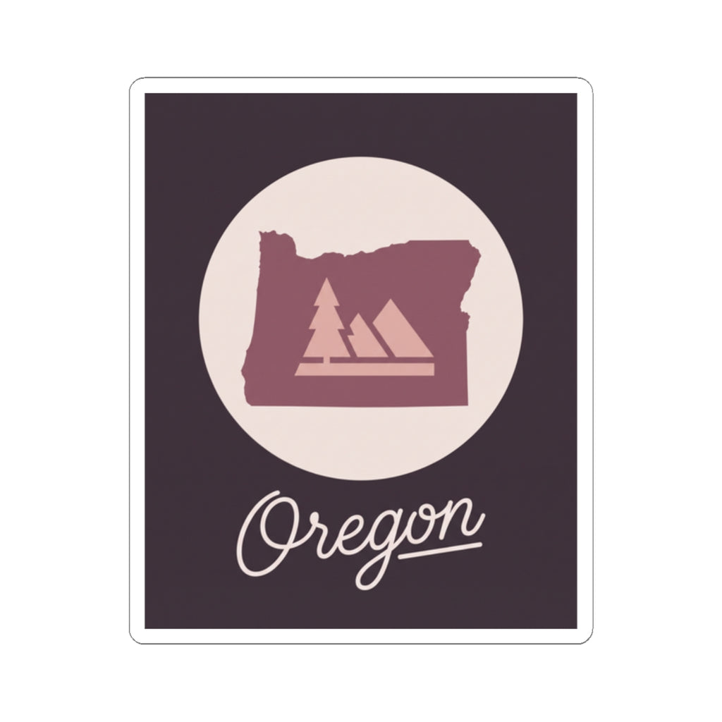 Square Oregon kiss-cut decal with circular maroon state graphic and cursive Oregon script