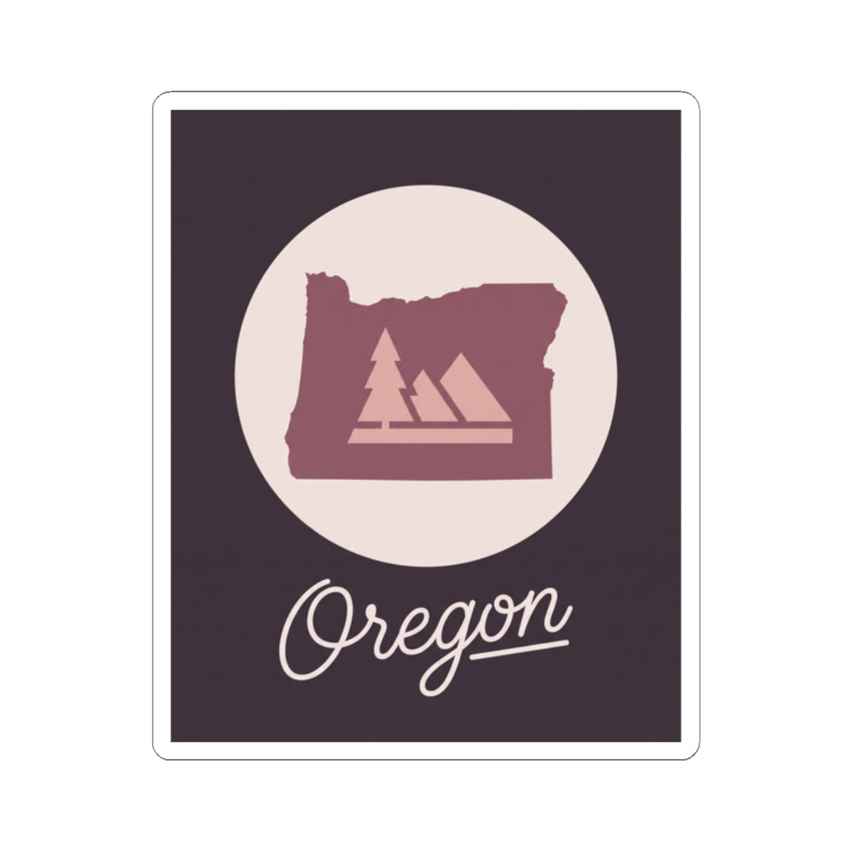 Square Oregon kiss-cut decal with circular maroon state graphic and cursive Oregon script