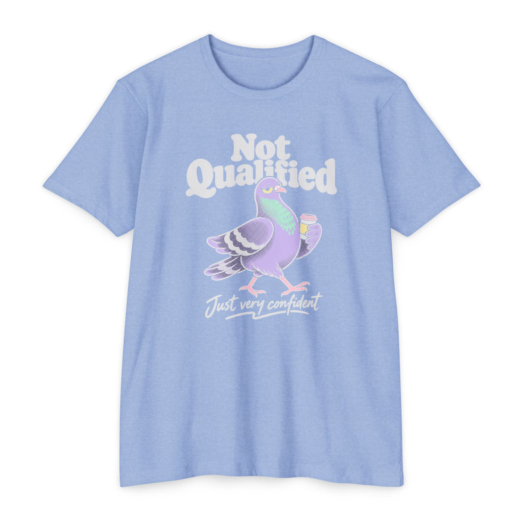 Light blue crew-neck T-shirt with Not Qualified pigeon graphic