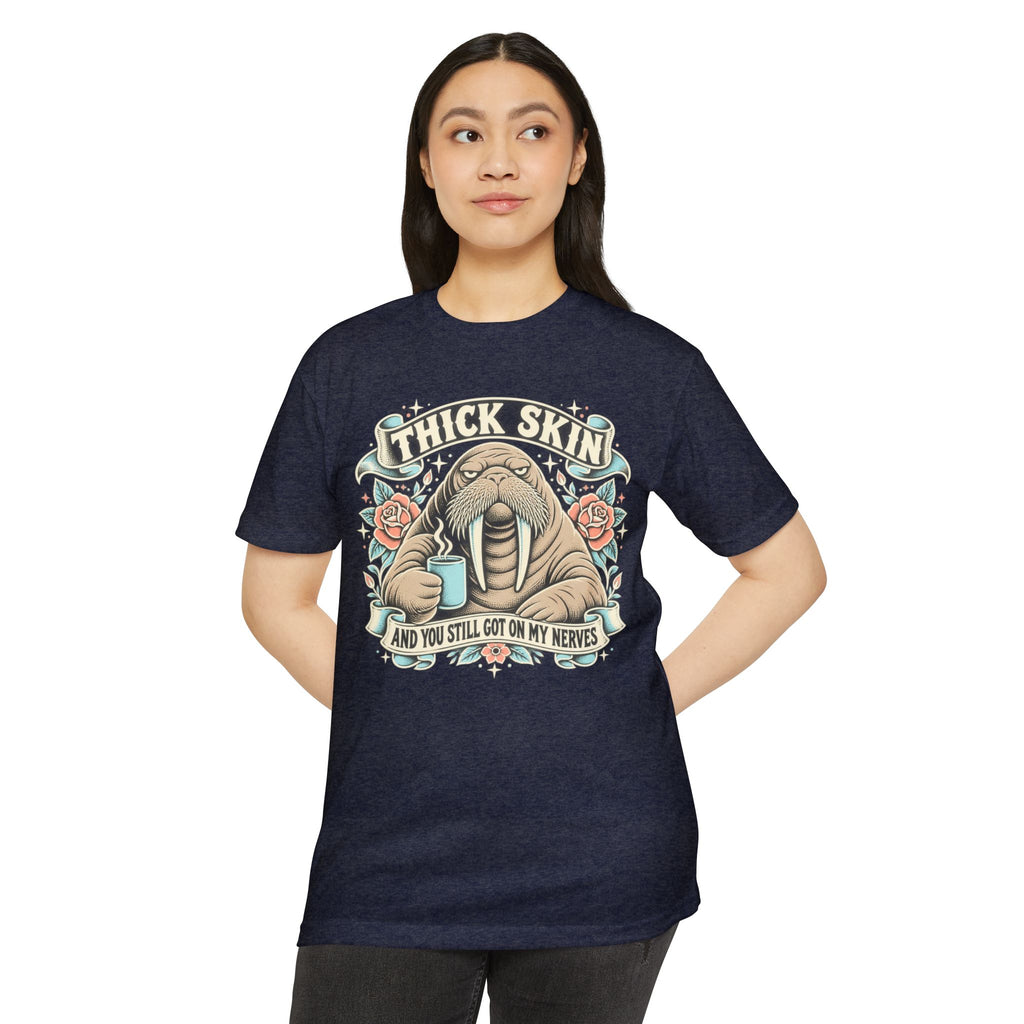 Navy funny walrus graphic T-shirt with “Thick Skin” front print