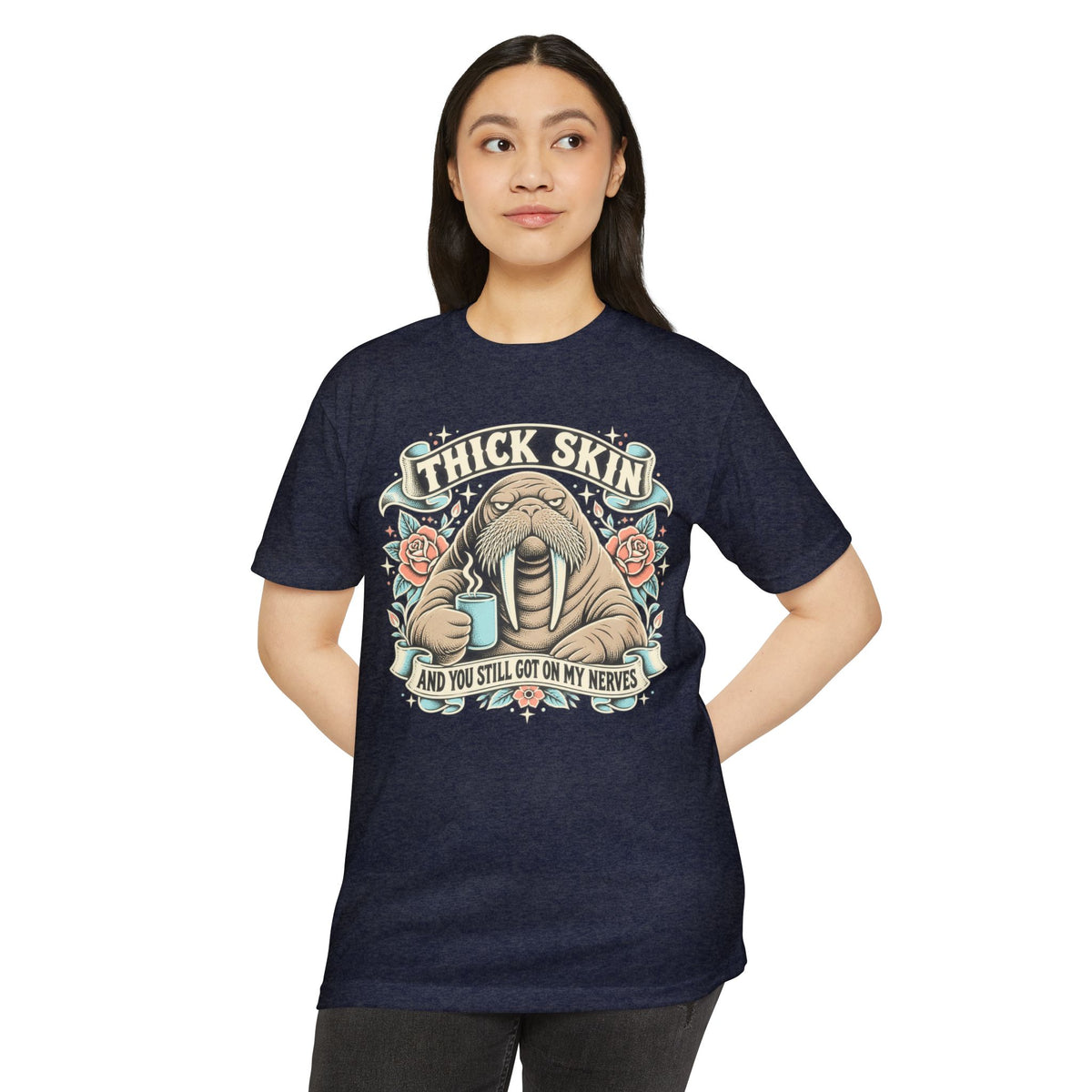Navy funny walrus graphic T-shirt with “Thick Skin” front print