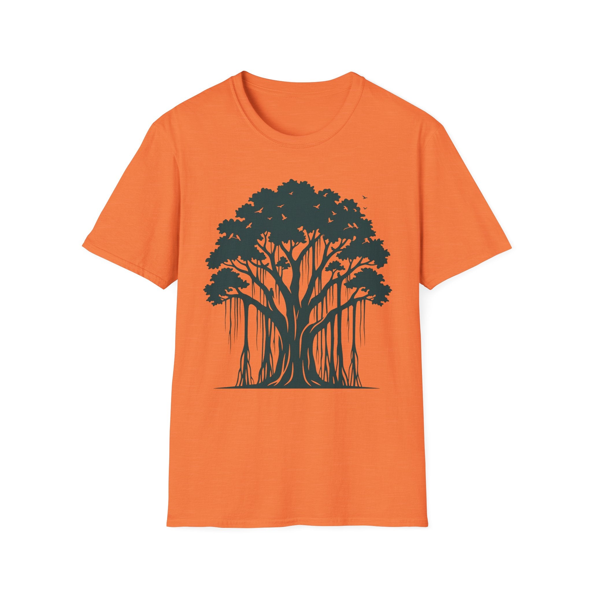 T-Shirt mit Banyan-Baum-Motiv, orangefarbener Stoff, Frontprint mit Baumkrone und Wurzeln