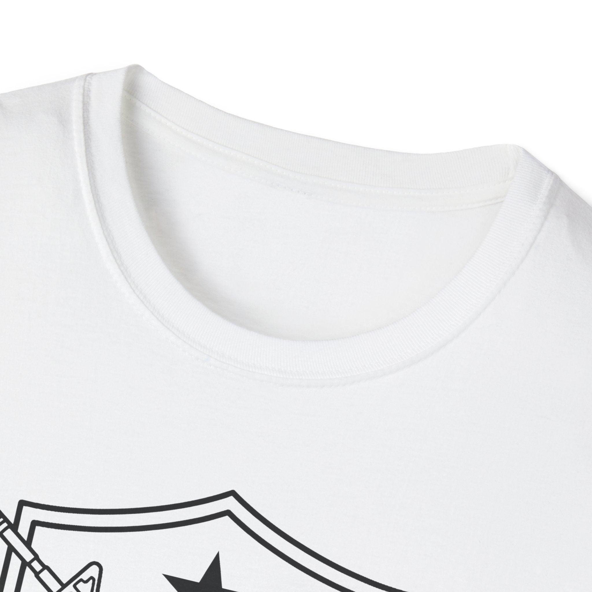 White crewneck T-shirt neckline with top edge of shield and rifles graphic