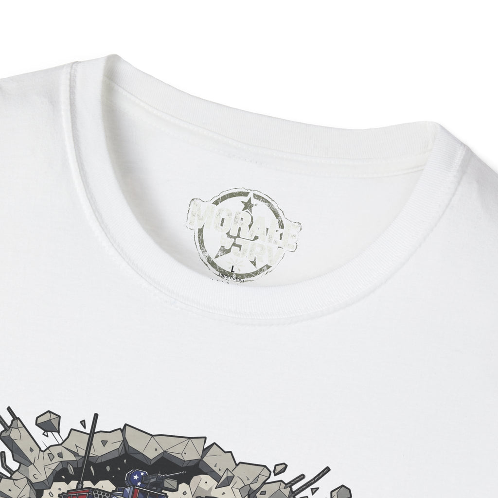 White T-shirt collar with small emblem, top of tank “BREACH” graphic