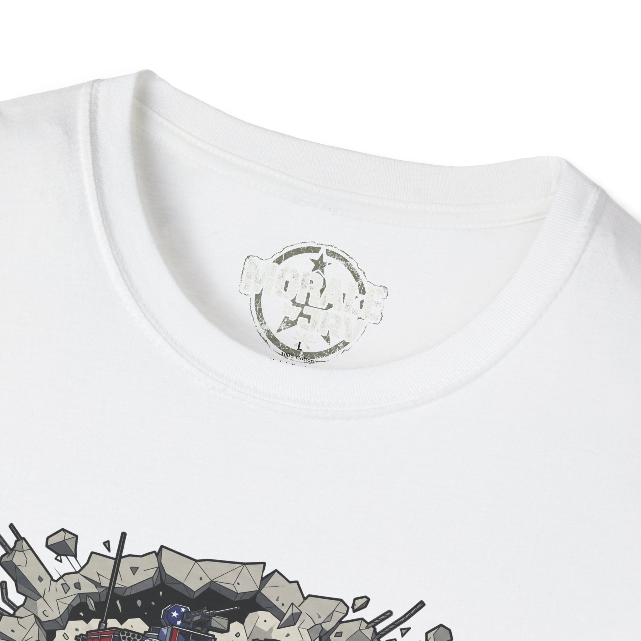 White T-shirt collar with small emblem, top of tank “BREACH” graphic