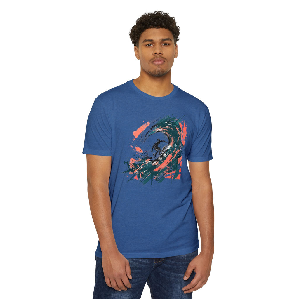 Blue crewneck T-shirt with abstract wave paintbrush graphic on chest