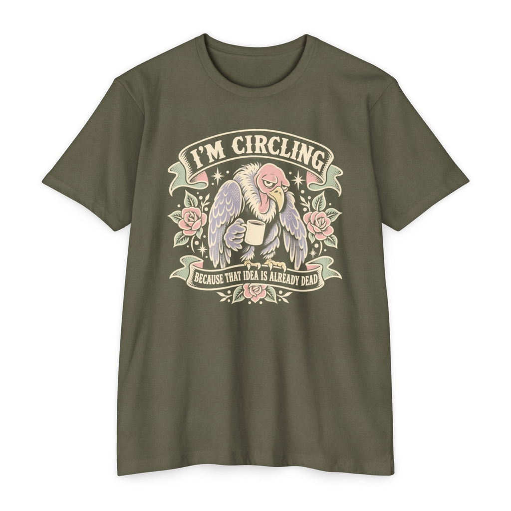 Olive green vulture graphic T-shirt with winged face and “I’m circling” text